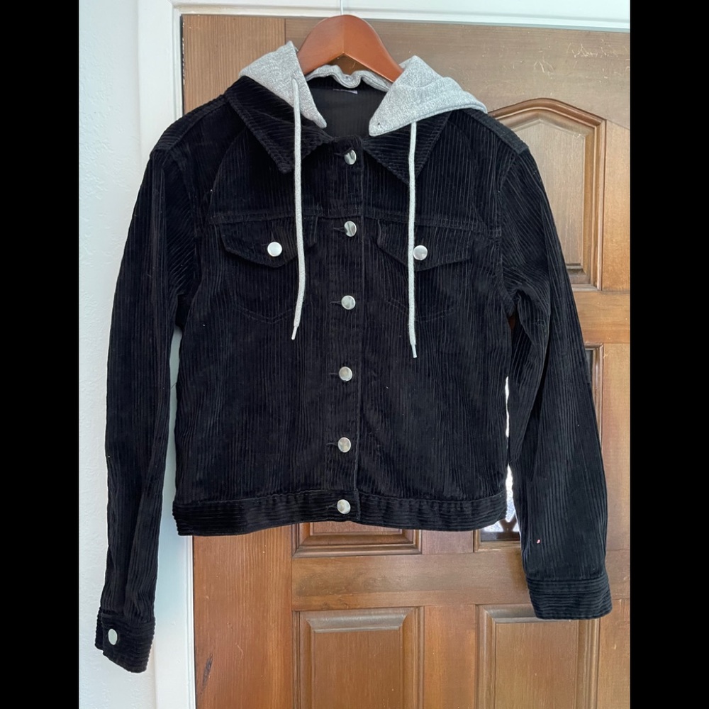 Black chunky corduroy jacket with removable hood